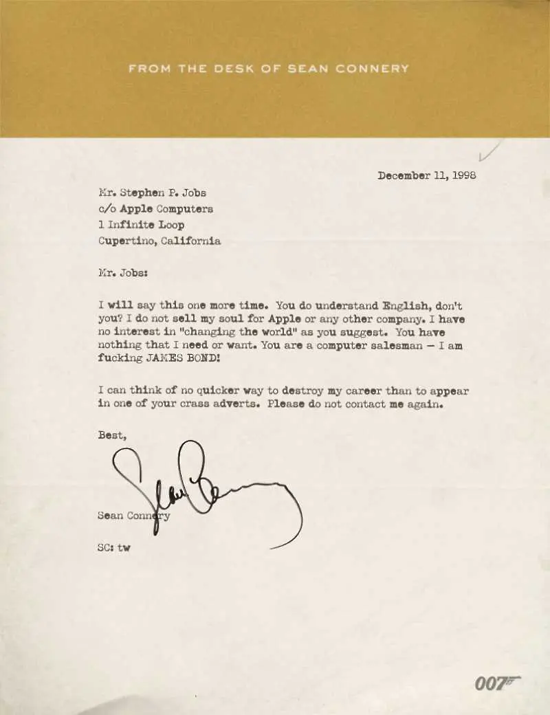 Шон Конъри обидил в писмо Стив Джобс