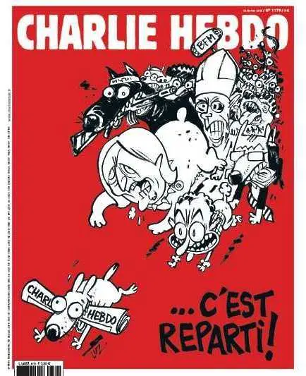 Charlie Hebdo с нов, кърваво червен брой Ето ни отново