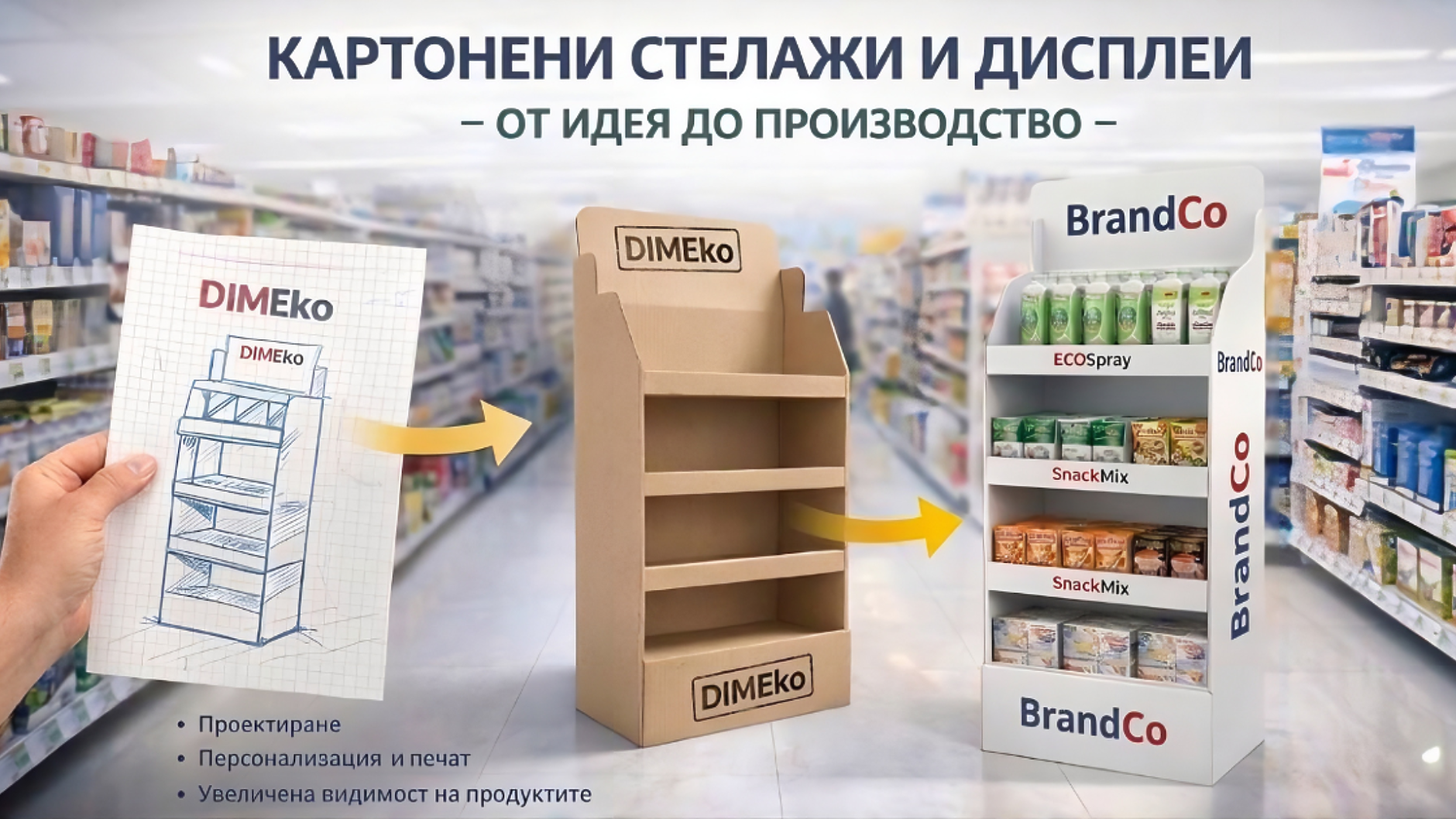 Картонени стелажи и дисплеи: от идеята до производството